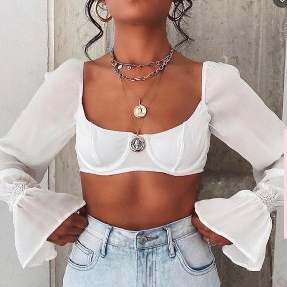 White Fox Sheer Perfection Long Sleeve Crop White